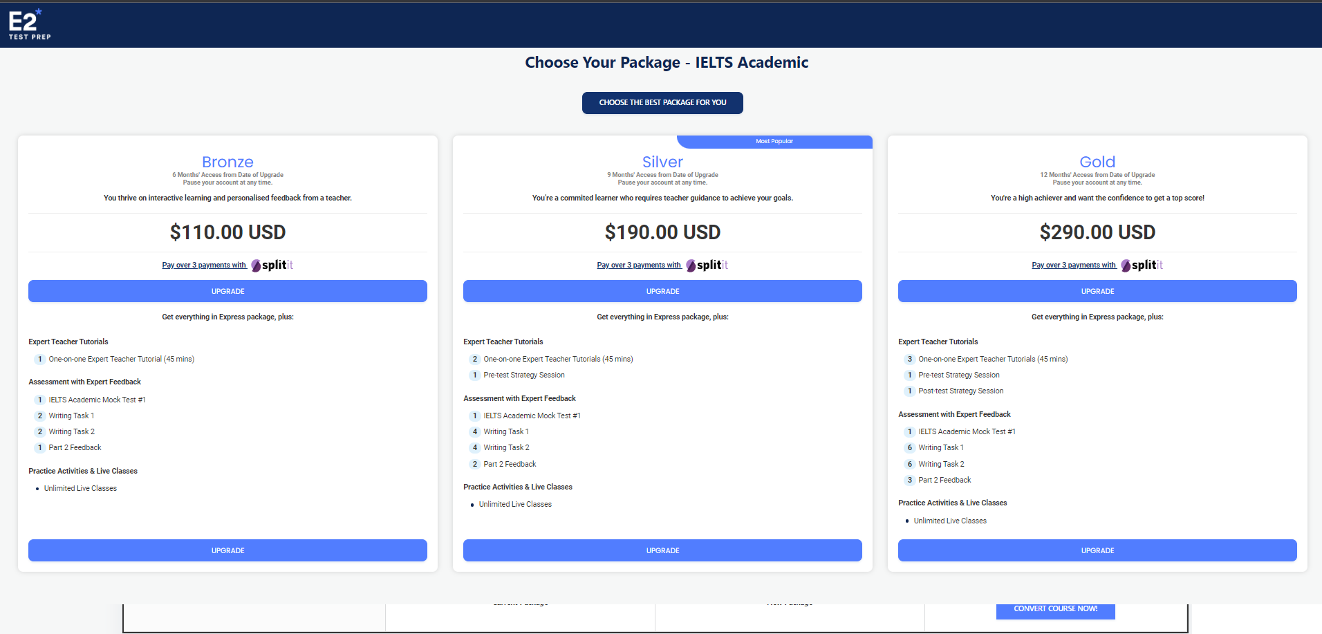 How do I upgrade my E2 package?(01)